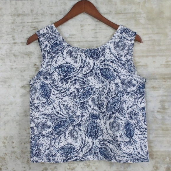 Blue Toile Print Tank Top Shell Blouse Retro Resort Mama Mia Coastal Cotton - Picture 3 of 7